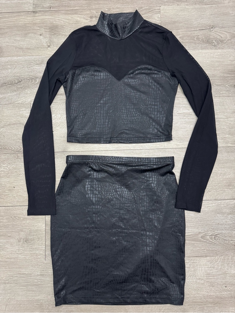 Black Faux Croc Two Piece Skirt Set Sheer Mesh Long Sleeve Small